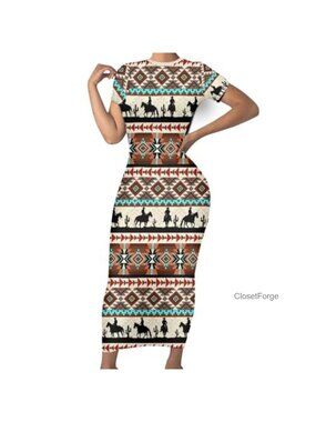 Women's Aztec Tribal Print Bodycon Dress Short Sleeve High Neck Casual